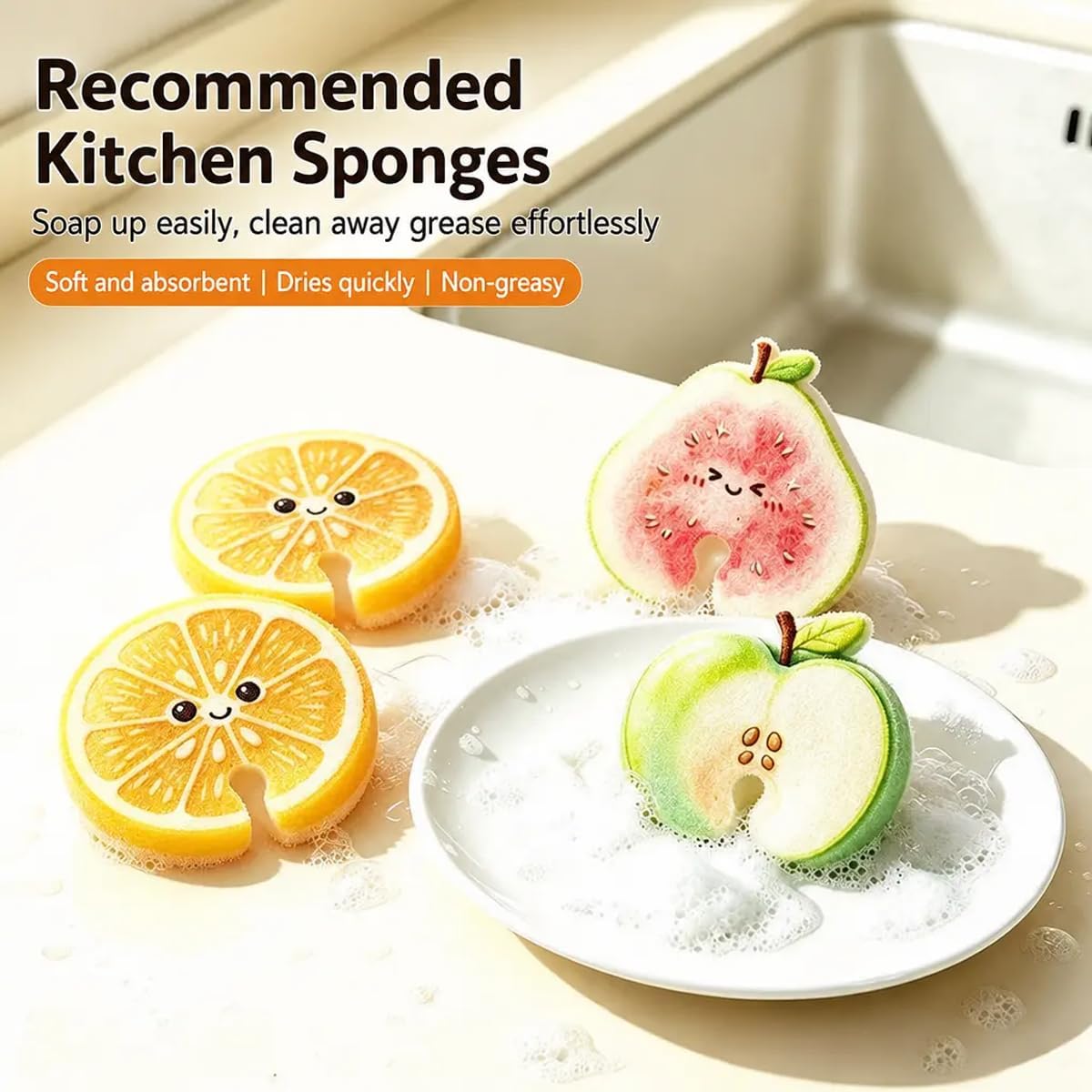 Cute Fruit Compressed Cellulose Sponges,Thicked Easy Grease Removal,3Pcs