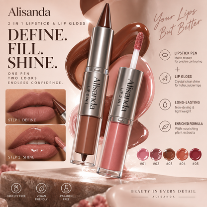 💋 BUY 1 GET 1 FREE 🎁 Alisanda 2-in-1 Lipstick + Lip Gloss — Define, Color & Shine ✨